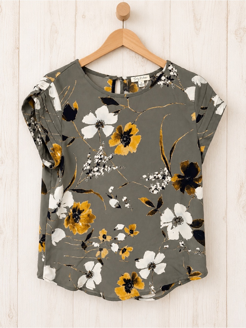 Lily White Olive Floral Short-Sleeve Blouse with Mustard & White Accents